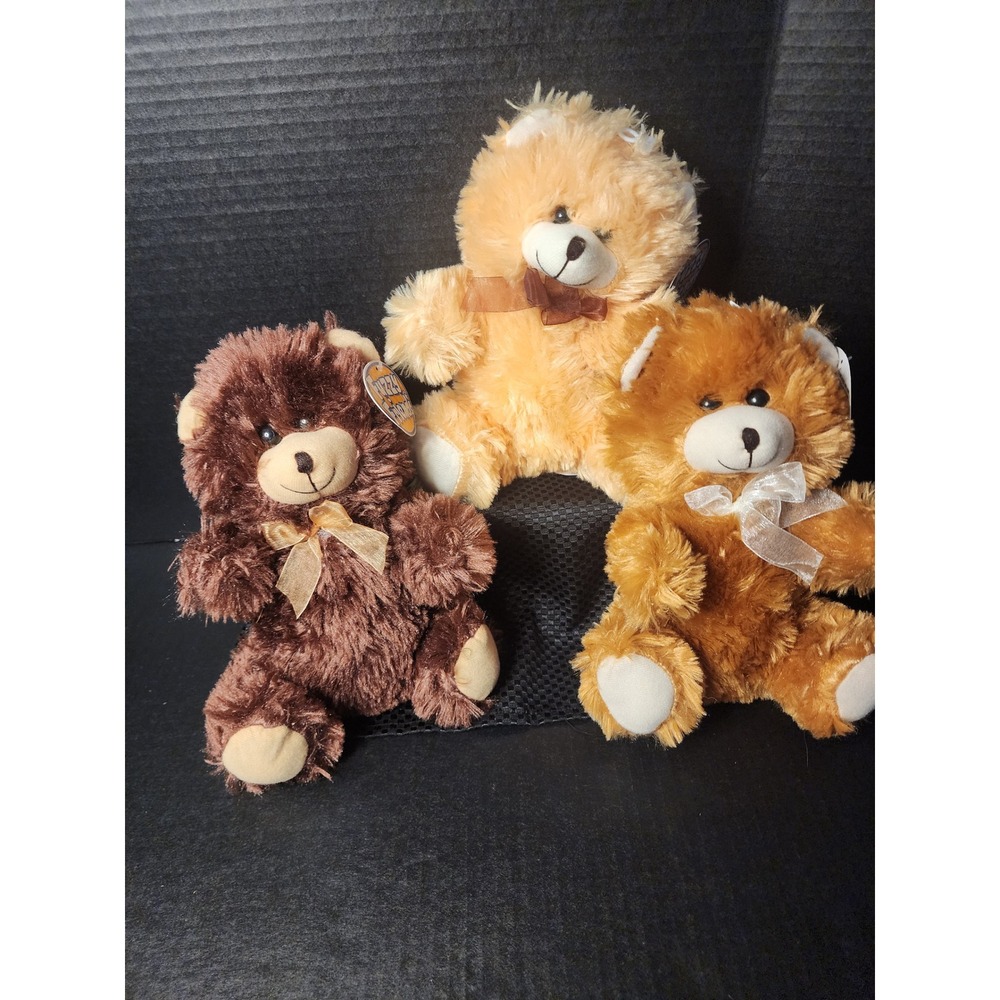 Fuzzy Friends Plush Teddy Bear Set of 3 Brown Tan Shaggy Stuffed Animals 8 inch